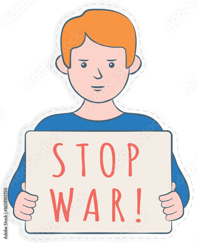 a cartoon illustration of a person holding a sign that says "STOP WAR!"