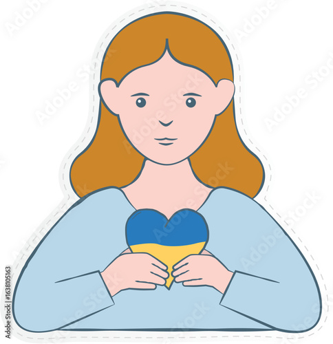 a girl embracing a heart colored with the blue and yellow of the Ukrainian flag. This illustration is a widely recognized symbol of support and solidarity with Ukraine, especially in the context of th