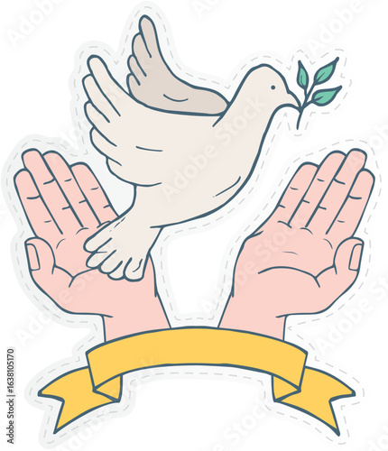  a dove, a widely recognized symbol of peace, flying above two open hands with an olive branch in its beak