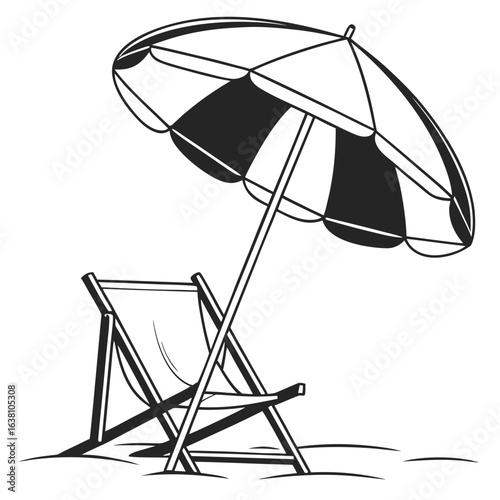 A black and white illustration of a beach chair and umbrella on a sandy shore