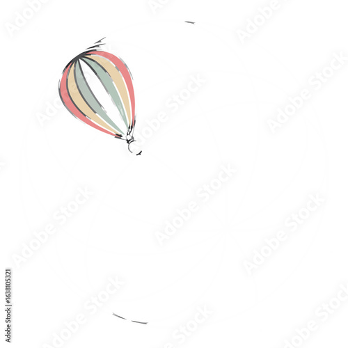 A colorful hot air balloon floats above a stylized globe with stars in a dark background
