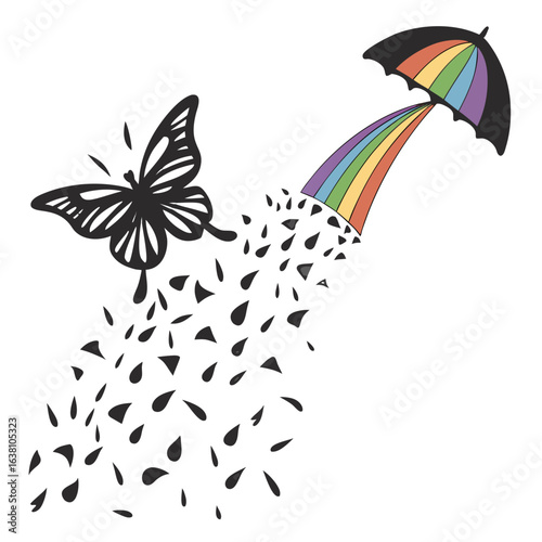 A stylized butterfly transforms into a stream of colorful rainbow liquid pouring from an umbrella
