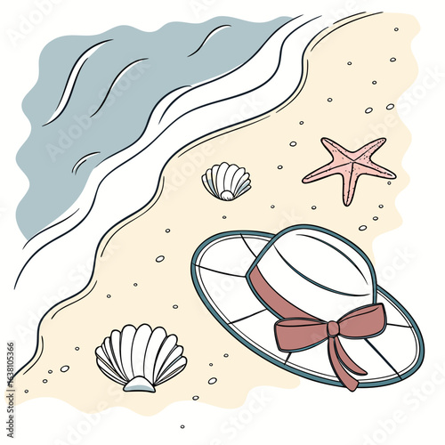 A whimsical illustration of a sun hat starfish and seashells on a sandy beach with gentle waves