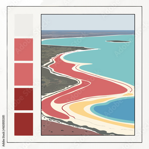 Abstract aerial view of a vibrant pink salt lake meeting turquoise ocean waters and sandy shore