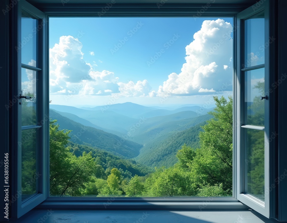 Fototapeta premium Open window frames green mountain range under bright blue sky with fluffy white clouds. Sunlight illuminates rolling hills, dense forests, offering peaceful pastoral scene. Serene natural landscape