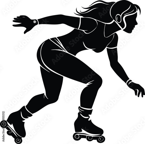Silhouette of a woman powerfully inline skating, dynamic pose, black figure, white outlines, action-oriented, sporty, energetic mood, close-up view, simple background.
