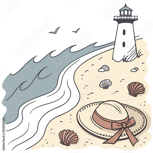 Charming illustration of a sandy beach with a lighthouse gentle waves seagulls seashells and a straw hat