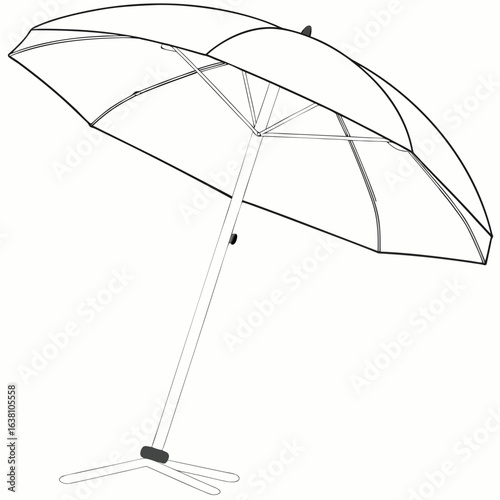 Clean line art drawing of an open patio umbrella with a cross base stand on a white background