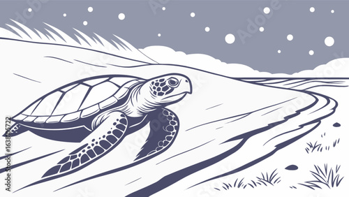 Sea turtle illustration on the beach with stars, ocean life, marine animal drawing, turtle outline, turtle art
