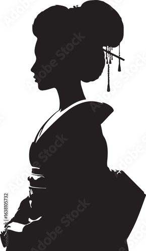 Silhouette of 1800 japanese fashion woman in a traditional Japanese kimono, her hair styled elegantly in an updo adorned with decorative hairpins.