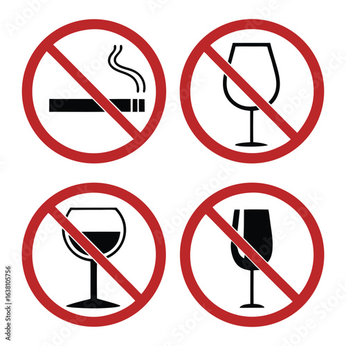 Black Silhouette Icons for Smoking and Alcohol Ban