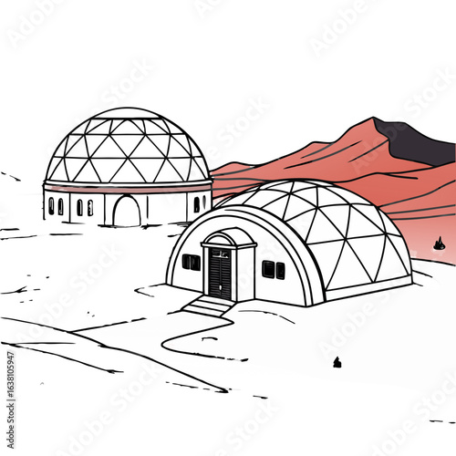 Futuristic geodesic dome habitat on a red planet with a bridge in the background