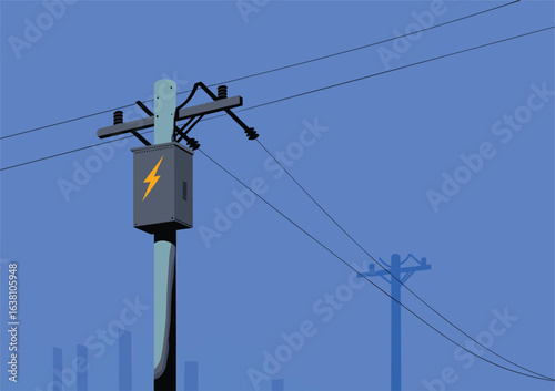 Electric utility pole, power transformer box, high voltage lines, electricity distribution, urban background, blue sky, energy infrastructure, safety