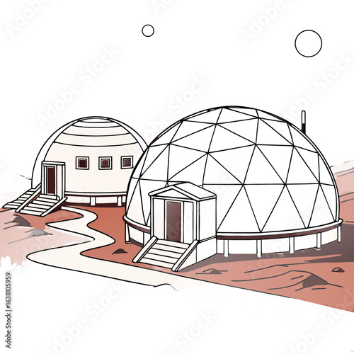 Futuristic biodomes with modern architecture on a barren alien planet landscape