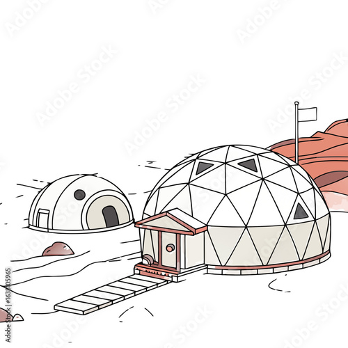 Futuristic geodesic dome habitats with a classical entrance on a barren alien planet landscape