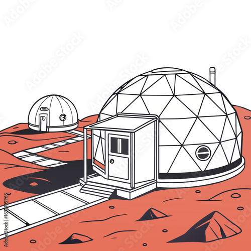 Futuristic geodesic dome habitat with connected modules on a barren alien planet landscape