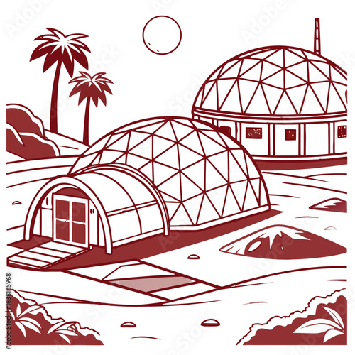 Futuristic geodesic dome habitats with palm trees under a red moon on an alien planet
