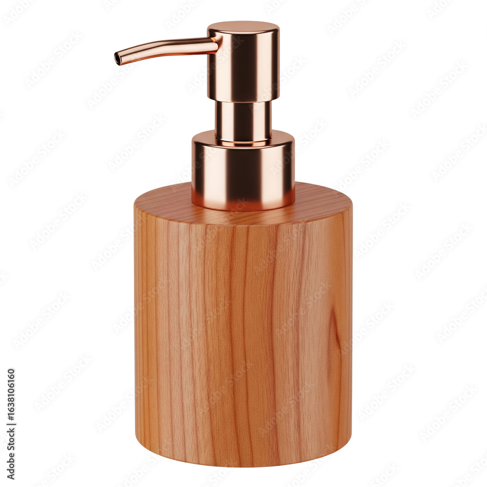 Fototapeta premium Wooden soap dispenser with rose gold pump isolated on transparent background