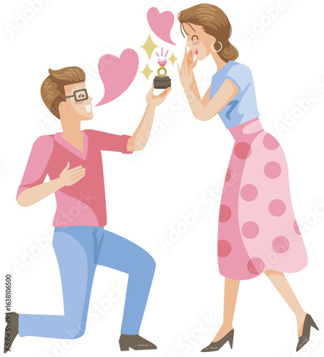 A man is seen kneeling on one knee, a traditional gesture for proposing marriage, and is presenting an engagement ring in a box to a woman