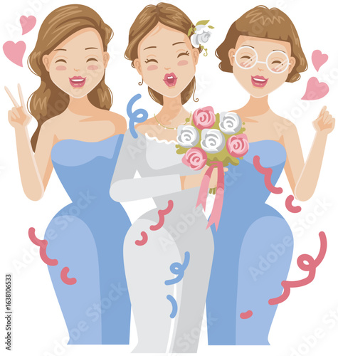  a bride with her bridesmaids at a wedding or marriage ceremony
