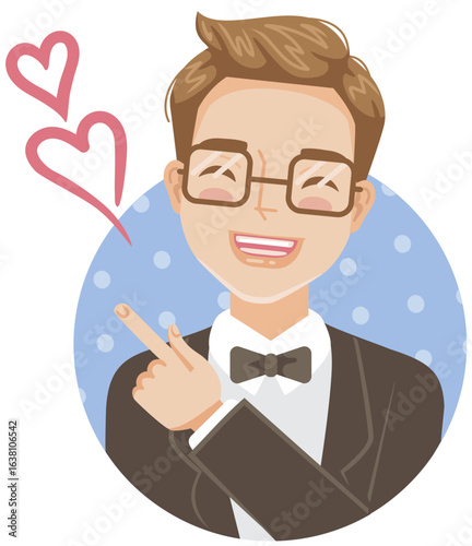 The image depicts a cartoon illustration of a groom, commonly associated with weddings and related festivities.
