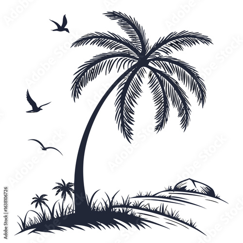 Silhouette of a lone palm tree with flying birds and a distant mountain under a dark sky