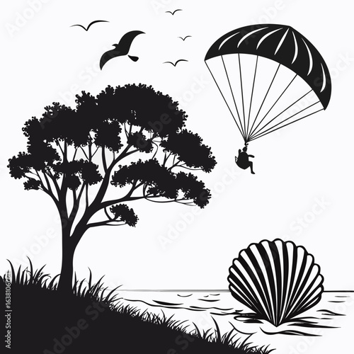 Silhouette of a paraglider soaring over a calm sea with a large seashell and tree