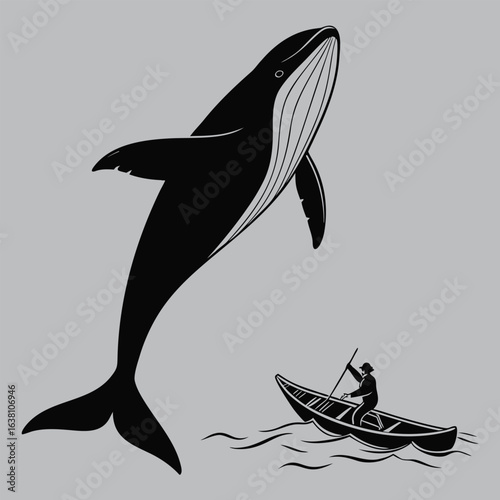 Whale Surfacing Near Kayak silhouette vector design art and illustration