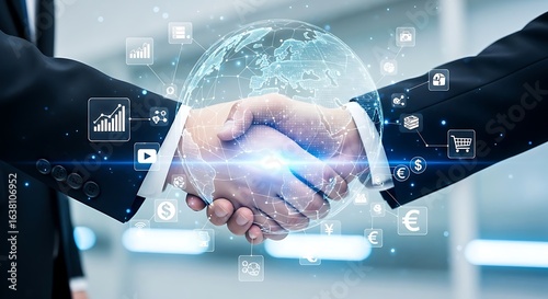 Global business partnership symbolized by a handshake, surrounded by digital icons representing international commerce and technology.