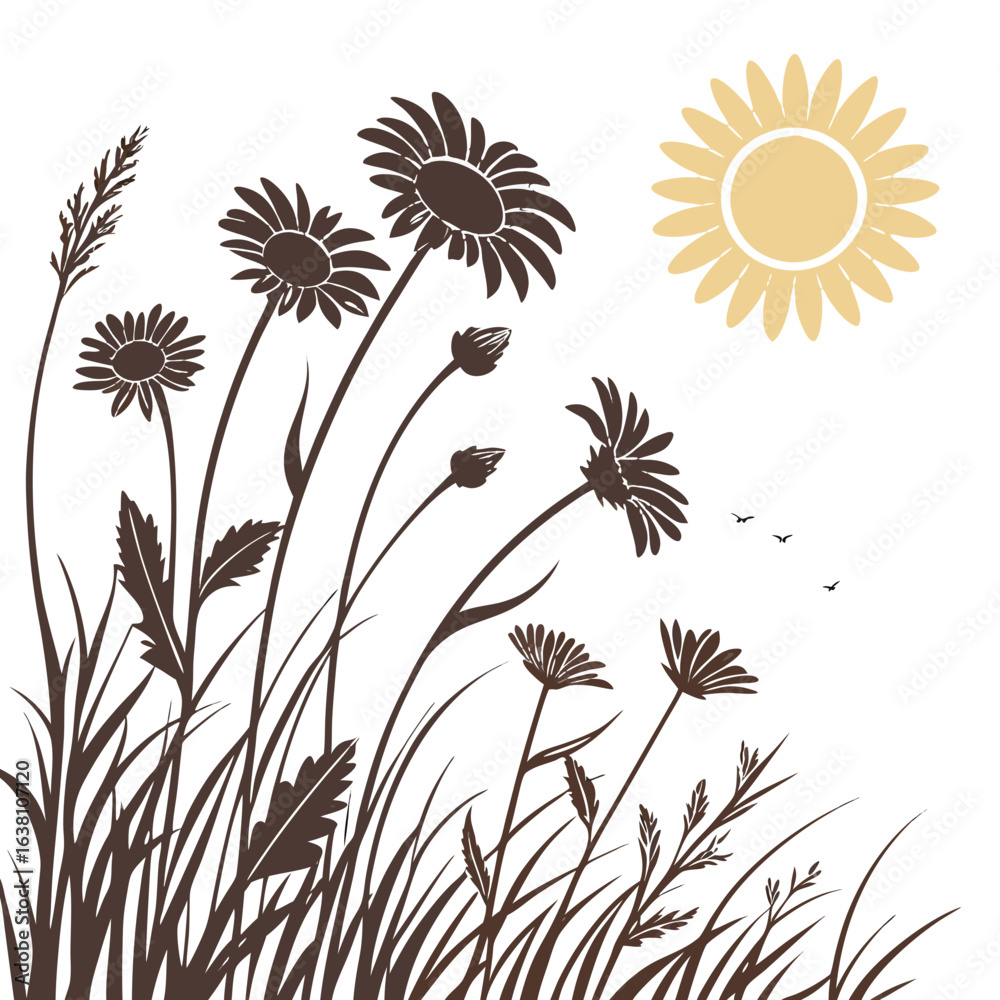 Obraz premium Stylized daisies and grass silhouettes under a yellow sun with flying birds