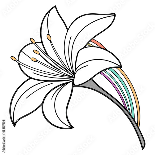Stylized black lily with rainbow accents on stem and subtle yellow pollen on stamens