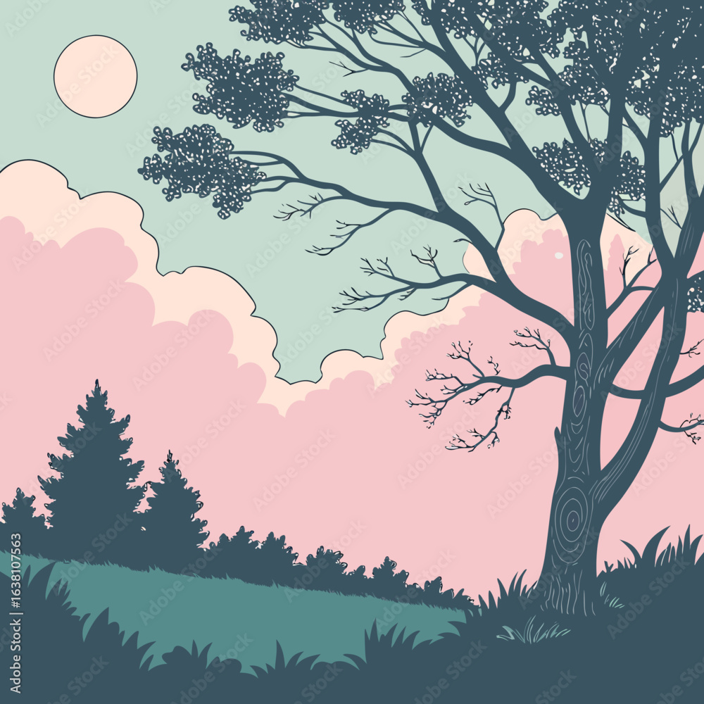 Fototapeta premium Stylized silhouette of a large tree and evergreen forest under a pastel sky with clouds and moon