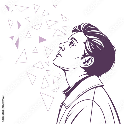 Stylized portrait of a person looking upwards surrounded by abstract geometric shapes and triangles