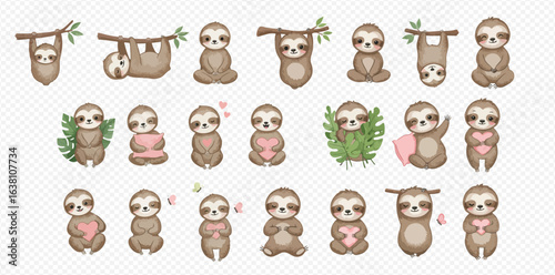 A charming collection of cute watercolor sloth illustrations in various poses, including hanging from branches, sitting, and holding pink hearts.