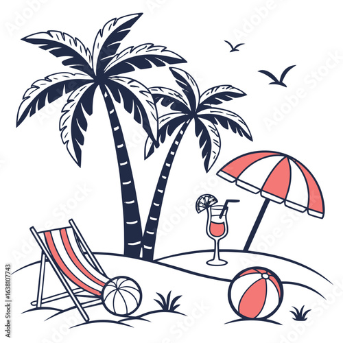 Tropical beach scene with palm trees deck chair cocktail umbrella and beach balls