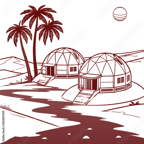 Two geodesic dome homes nestled by a winding river with palm trees and a moon