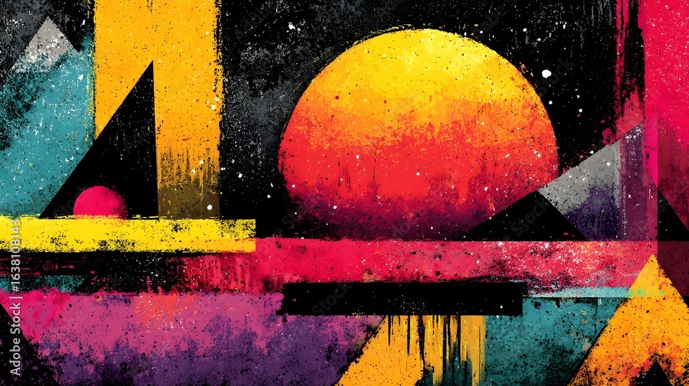 Naklejka premium A striking abstract digital illust n featuring a bold geometric composition of dynamic shapes vibrant colors and a surreal dreamlike atmosphere