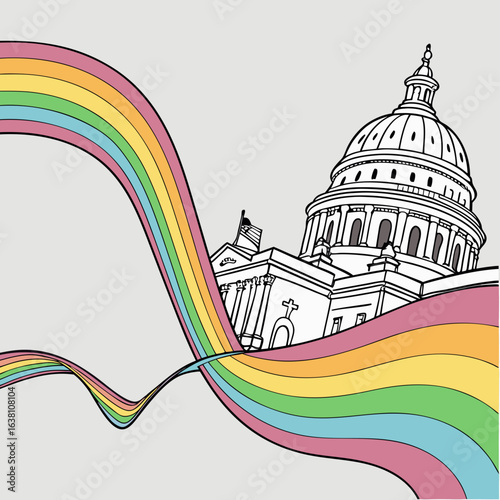 United states capitol building with a flowing rainbow ribbon symbolizing pride and unity
