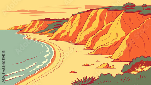 Scenic beach landscape illustration with cliffs and ocean view for travel and vacation planning