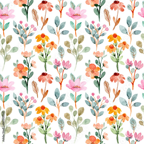 A vibrant watercolor floral pattern featuring pink and orange flowers with various green and teal leaves