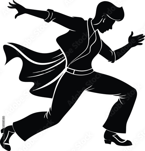 A black silhouette of a man in a suit, mid-stride, cape billowing, against a white background, creating a dynamic, stylized, and energetic mood.
