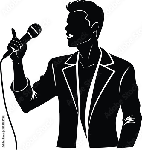 Silhouette of a singer in a suit, holding a microphone, against a white background, creating a stark, dramatic, and minimalist illustration.
