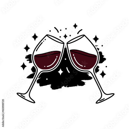 Romantic toast with clinking red wine glasses. Hand-drawn vector graphic for celebration and special occasions.