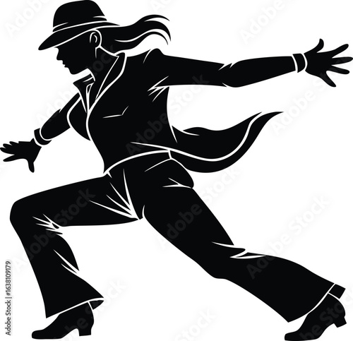 A silhouetted woman in a fedora and suit strikes a dynamic pose, arms outstretched, against a stark white background, evoking a jazzy, energetic mood.
