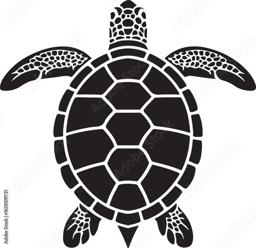 Black silhouette of a sea turtle with patterned shell and flippers