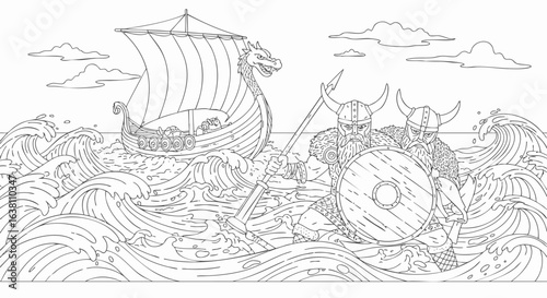 Historical line art illustration of a Viking battle on a stormy sea, featuring fierce warriors and drakkar ships.
