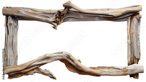 A rustic wooden frame crafted from driftwood, showcasing unique textures and shapes, ideal for displaying artwork or photographs, set against a neutral background