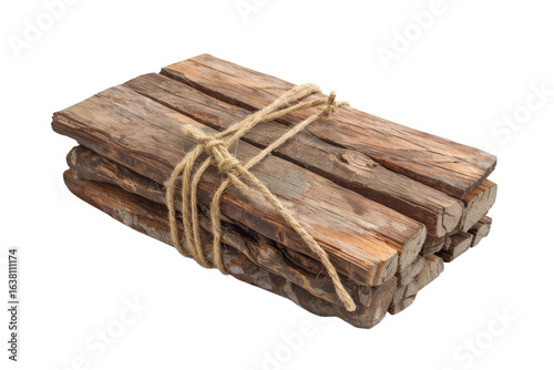 A neatly bundled stack of rustic wooden logs tied together with natural twine, placed on a plain background, suggesting use in crafting, building, or decorative purposes