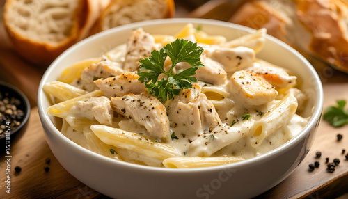 Creamy chicken alfredo pasta with garlic, parsley served in bowl with toasted bread slices. Penne noodles coated in rich, savory sauce