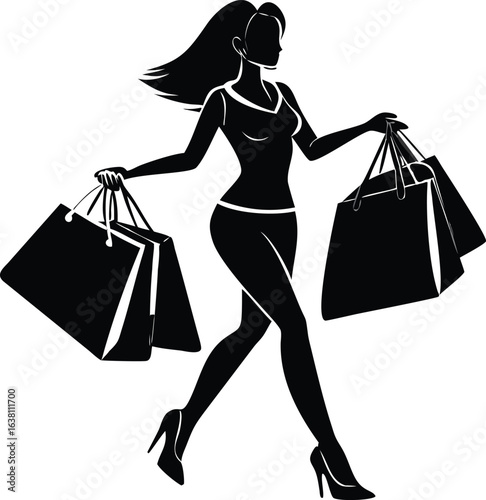 Silhouette of a slender woman striding with shopping bags in each hand, high heels, against a white background, creating a stylish, modern, and energetic mood.
